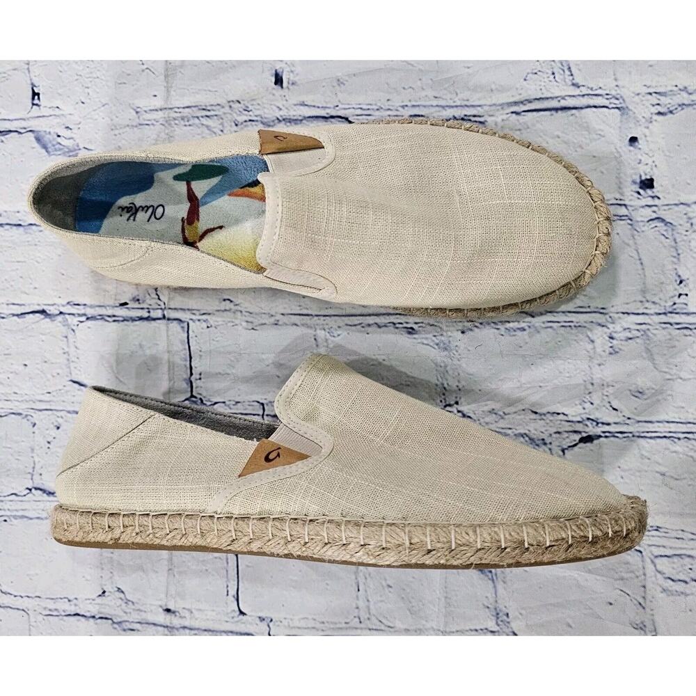 OLUKAI WOMENS SIZE 9.5 Kaula Pa'a Kapa Linen Espadrilles Beige Tapa Shoes
